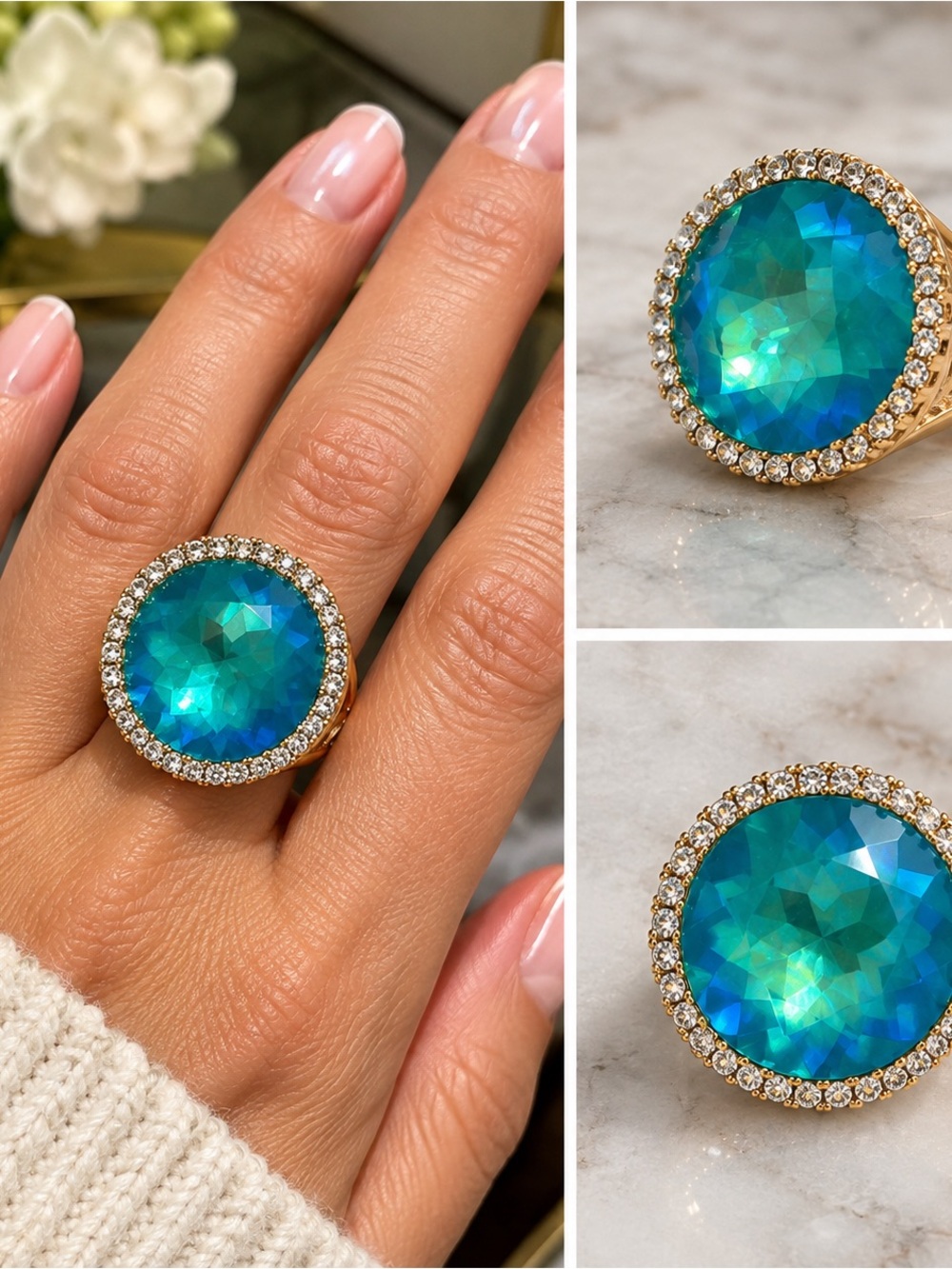 Gemstone Ring adjustable with gorgeous setting decorative bezel and 18mm stone